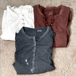 Set of Three Aerie Women’s Henley Shirts - Cream, Brown, and Gray